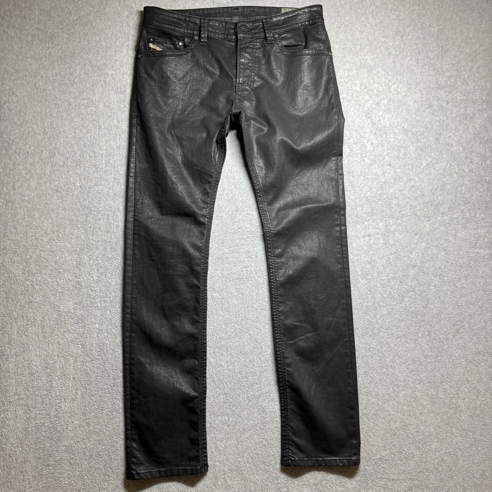 Diesel THAVAR Jeans Mens 31x32 Black WAXED Slim Skinny Rocker Moto Stretch 0807V